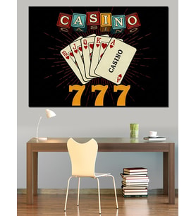 Poker Kartları Kumarhane Işıkları Dekoratif Kanvas - Mdf Ahşap Tablo