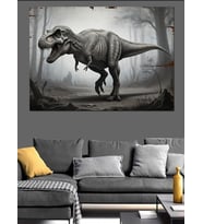 Siyah Beyaz Dinozor T-Rex Dekoratif Kanvas - Mdf Ahşap Tablo
