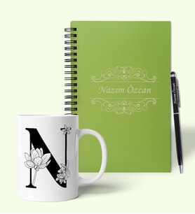 Kişiye Özel Ahşap Yeşil Defter Kalem Kupa Hediye Seti