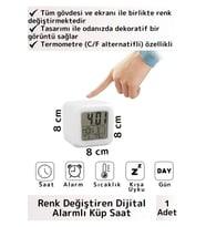 Premium Dekoratif Küp Termometre Takvimli 7 Renk Değiştiren Dijital Alarmlı Küp Masa Çalar Saat