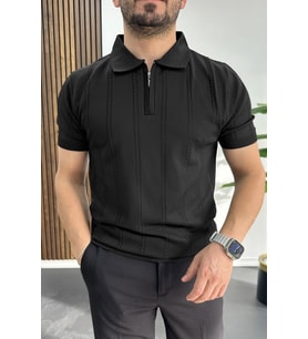 Erkek Desenli Polo Yaka Tişört Siyah Edw457