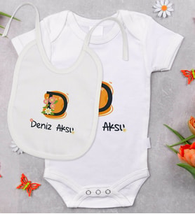 BK Kids Kişiye Özel Harfli Bebek Body Zıbın ve Mama Önlüğü Hediye Seti - Model 1
