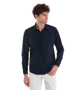 Lacivert Slim Fit Düz Slim Yaka Pamuklu Uzun Kollu Spor Gömlek