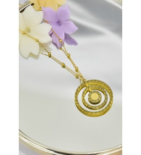 925 Ayar Gümüş Gold Kaplama Greek Desenli Dönence, İç İçe Daire Harfli Top Zincirli Kolye