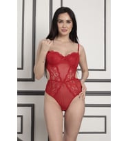 Yüksek Kalite Dantel İşlemeli Bodysuit (Kırmızı)