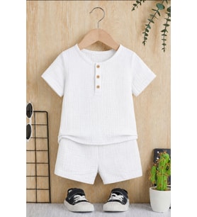 Unisex Bebek&Çocuk %100 Pamuklu Düğmeli Müslin Alt Üst Şort Takım-Beyaz