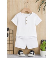 Unisex Bebek&Çocuk %100 Pamuklu Düğmeli Müslin Alt Üst Şort Takım-Beyaz