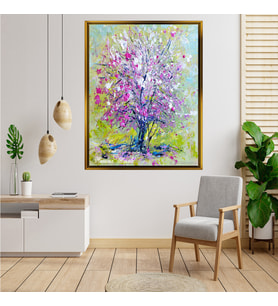 Tablore Yağlı Boya Pembe Çiçekli Hayat Ağacı Çerçeveli Kanvas Tablo Modern Salon Dekoru