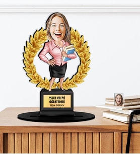 Kişiye Özel Karikatürlü Yılın Öğretmeni Ahşap Oscar - Masaüstü Biblo