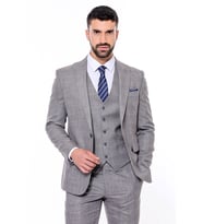 Ekose Desenli Yelekli Slim Fit Gri Erkek Takım Elbise - Wessi