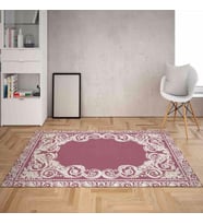 Osmanlı Desen Çerçeveli Dijital Baskı Yıkanabilir Kaymaz Taban Klasik Salon Halısı ve Yolluk (Pembe) (Pembe)