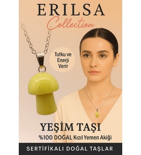Sertifikalı Mantar Model Yeşim Taşı Kolye Doğal Şifa Denge ve Enerji Veren Kolye (Çok Renkli)