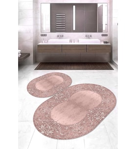 Dijital Baskılı Kaymaz Taban Yıkanabilir Oval 2'li Klozet Takımı Banyo Paspası NOKZ-HT-349 (Pembe)