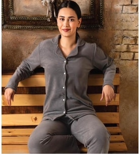 Sude Kadın Gömlek Yaka Polar Pijama Takımı M922 - 1 Adet (Antrasit)