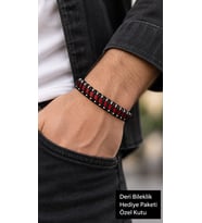Pavero Redcoil Siyah Kırmızı Deri Erkek Bileklik - Metal Sarmal Detaylı Tasarım