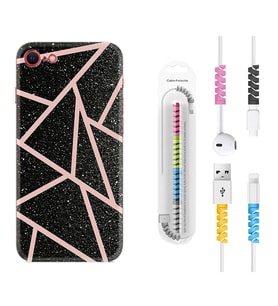 Apple iPhone 5 6 7 8 Plus Se XR Kılıf Kablo Koruma Spiral Silikon Pembe Şeritli Mermer 1312