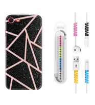 Apple iPhone 5 6 7 8 Plus Se XR Kılıf Kablo Koruma Spiral Silikon Pembe Şeritli Mermer 1312