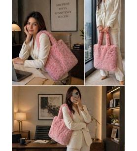 Pembe Peluş Omuz Çantası Kadın – Yumuşak Dokulu, Geniş İç Hacimli, Hafif, Günlük Kullanım, One Size Tote Çanta