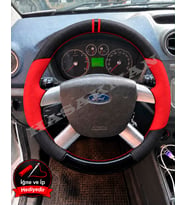 Ford Fiesta Mk5 Dikme Direksiyon Kılıfı Parlak Siyah Kırmızı Detaylı Kırmızı Çift Yüzük ve Dikiş 2006-2008