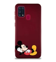 Samsung Galaxy M31 Soft Premier Kapak Mickey Mouse-F Tasarımlı Silikon Kılıf - Mürdüm (Şeffaf)
