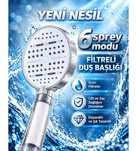 Büyük Panelli 6 Farklı Su Modlu Filtreli Duş Başlığı Beyaz Tasarım