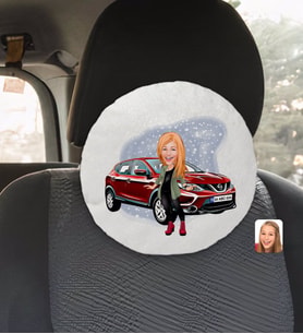 BK Gift Kişiye Özel Plakalı Kadın Nissan Qashqai Karikatürlü Yuvarlak Araç Koltuk Yastığı-2