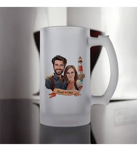Sevgiliye Hediye Kişiye Özel Deniz Feneri ve Aşkımız Karikatürlü Bira Bardağı