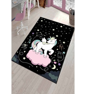 Siyah Kaymaz Tabanlı Yıkanabilir Unicorn Çocuk Halısı AR783