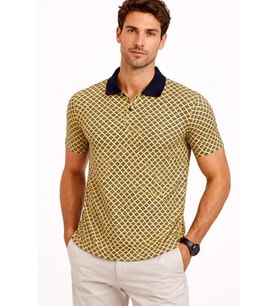 Erkek Pike Kumaş Polo Yaka Desenli Tişört Kısa Kol Yazlık T-Shirt - Sarı