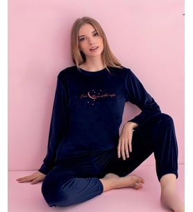 Pijamerry Kadın Kışlık Bisiklet Yaka Kadife Pijama Takımı 3037L - 1 Adet (Lacivert)