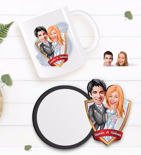 BK Gift Kişiye Özel Evleniyoruz Karikatürlü Beyaz Kupa ve Ahşap Bardak Altlığı Hediye Seti-5