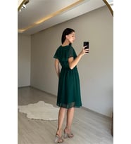 Neşeli butik kadın v yaka kuşaklı mini şifon elbise NM007 (Yeşil)