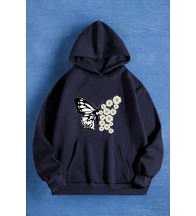 Papatya Kelebek Baskılı Oversize Sweatshirt (Lacivert)