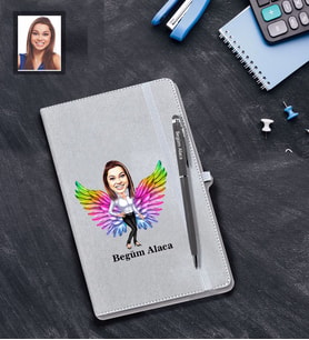 Kişiye Özel Melek Anne Karikatürlü Gri Defter Kalem Hediye Seti Model-5