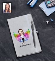 Kişiye Özel Melek Anne Karikatürlü Gri Defter Kalem Hediye Seti Model-5