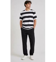 Flow Çizgili Oversize Tişört Bisiklet Yaka Kısa Kol Yazlık T-Shirt - Siyah