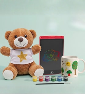 Kahverengi Peluş Ayıcık & Kupa Bardak Boyama Seti & 8.5'' LCD Ekranlı Kalemli Dijital Çocuk Yazı ve Çizim Tableti Hediye Seti , Çocuklar İçin Hediye Seti