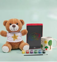 Kahverengi Peluş Ayıcık & Kupa Bardak Boyama Seti & 8.5'' LCD Ekranlı Kalemli Dijital Çocuk Yazı ve Çizim Tableti Hediye Seti , Çocuklar İçin Hediye Seti