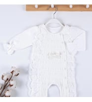 3-9 Ay Kız Bebek Tulumu Gofralı Fransız Güpürlü Beyaz