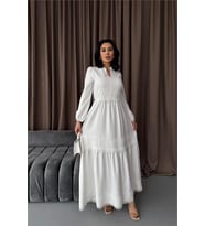 Neşeli butik kadın atlas kumaş dantel detaylı elbise NBMS2517 (Beyaz)