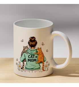Cat Mom Yazılı Kedi Sever Kadın Baskılı Porselen Kupa - Kedi Annesine Hediye Kupa