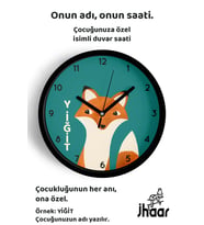 İsme Özel Sevimli Tilki Çocuk Odası Duvar Saati Orta Boy 30 cm Siyah Camlı Sessiz