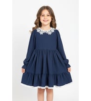 Kız Çocuk Elbise -Bürümcük Kumaş-Yaka ve Etek Uçları Nakış Detaylı 4-9 Yaş 12516 MODANINO (İndigo)