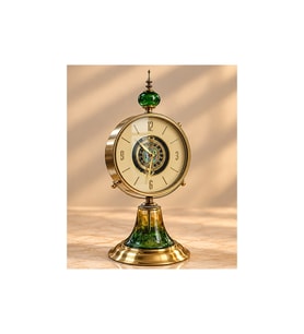 Kişiye Özel Antik Görünümlü Cam Kaideli Hareketli Çarklı Metal Masa Saati 61 x 26 x 24 cm