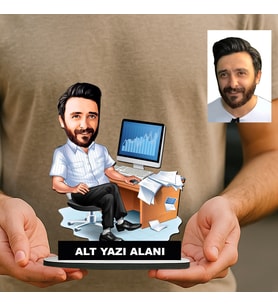 Kişiye Özel Banka Çalışanı Karikatürlü 18 cm MDF Masaüstü Biblo - Banka Çalışanı Hediyesi İş Arkadaşına ve Meslek Sahibine Hediye