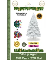 Premium Süsleme Set Yılbaşı Beyaz Çam Ağacı Renkli Işığı Yeni Yıl Süsleri Noel Paketi 150 Cm 220 Dal