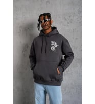 Erkek Baskılı Kapşonlu Sweat - Füme