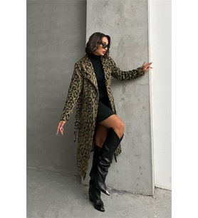 Neşeli butik kadın leopar desenli ithal kaşe kaban NBG054 (Çok Renkli)