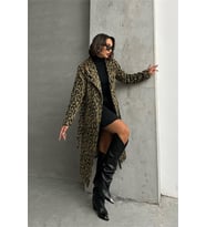 Neşeli butik kadın leopar desenli ithal kaşe kaban NBG054 (Çok Renkli)