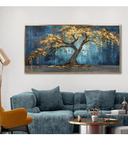 Yağlı Boya Dokulu Tablo Mavi Fonda Tek Sarı Ağaç Altın Çerçeveli U01008